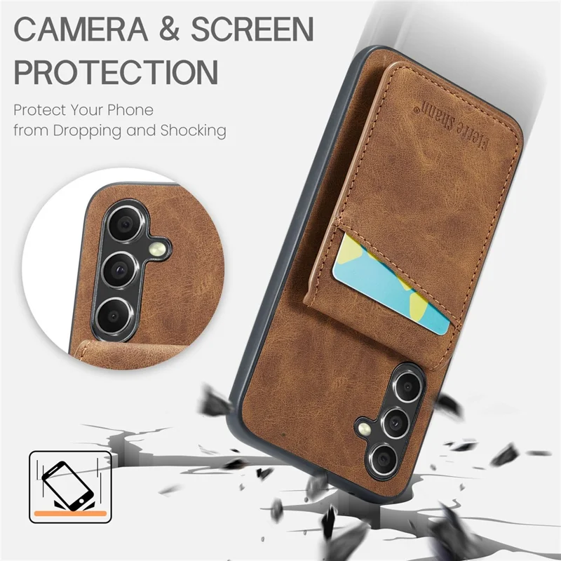 FIERRE SHANN For Samsung Galaxy S23 FE Case PU Leather+TPU Phone Cover with Card Holder - Brown