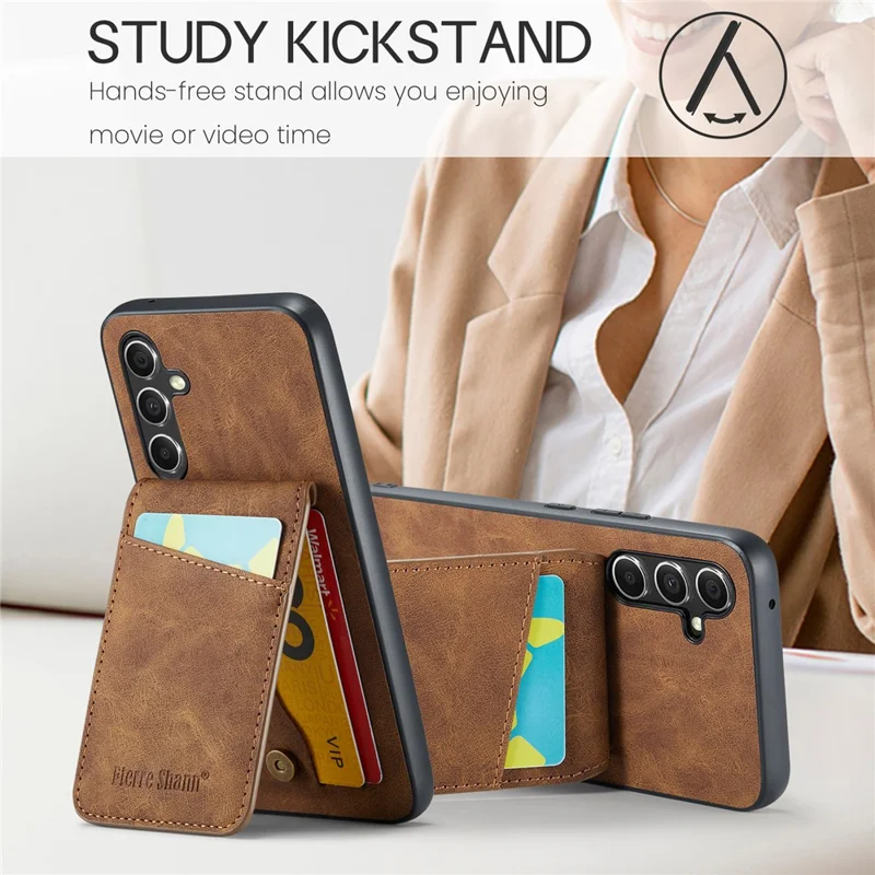 FIERRE SHANN For Samsung Galaxy S23 FE Case PU Leather+TPU Phone Cover with Card Holder - Brown