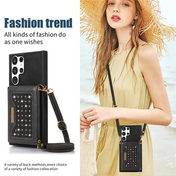 Per Samsung Galaxy S24 Ultra Case Rhinestone Phone Cover con portafoglio RFID Blocking - Nero
