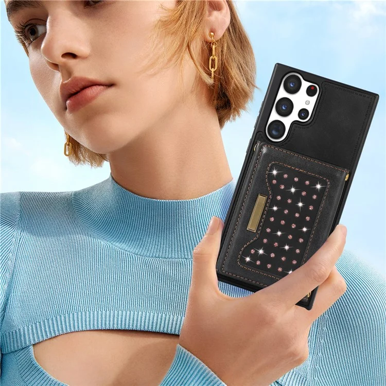 Per Samsung Galaxy S24 Ultra Case Rhinestone Phone Cover con portafoglio RFID Blocking - Nero