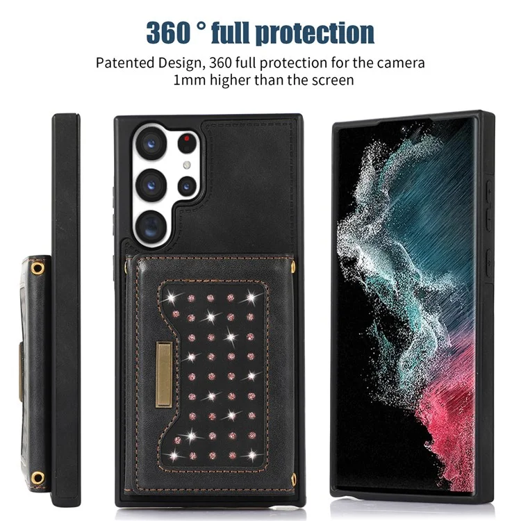 Per Samsung Galaxy S24 Ultra Case Rhinestone Phone Cover con portafoglio RFID Blocking - Nero