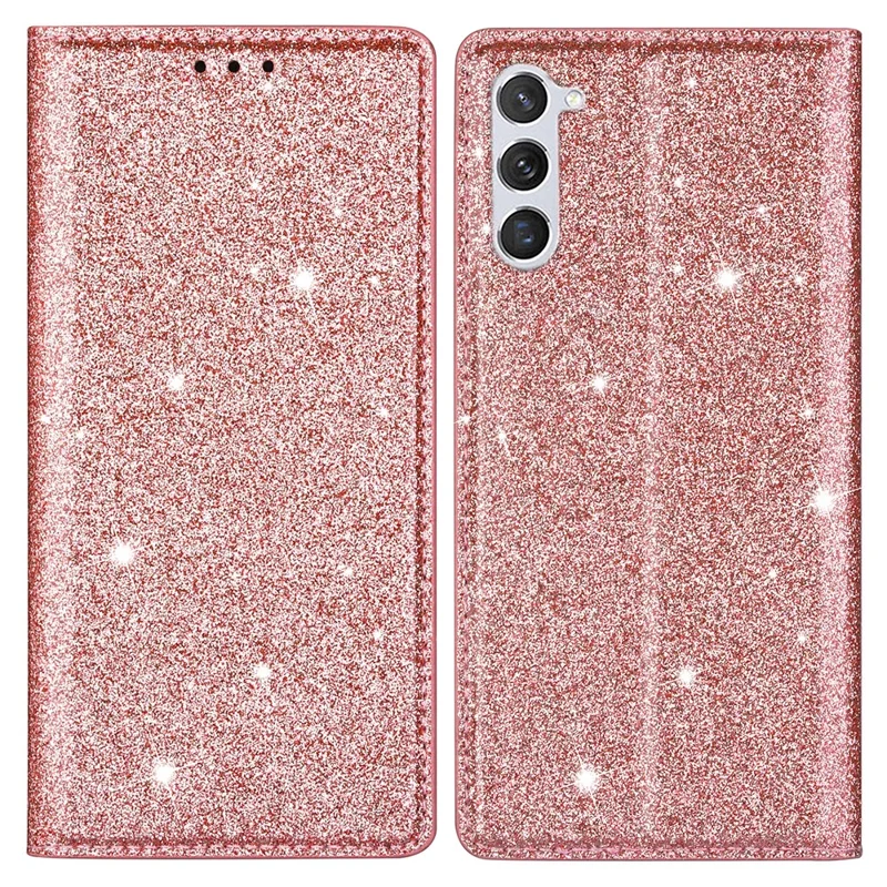 For Samsung Galaxy S24 Leather Case Card Holder Glitter Phone Cover - Rose Gold