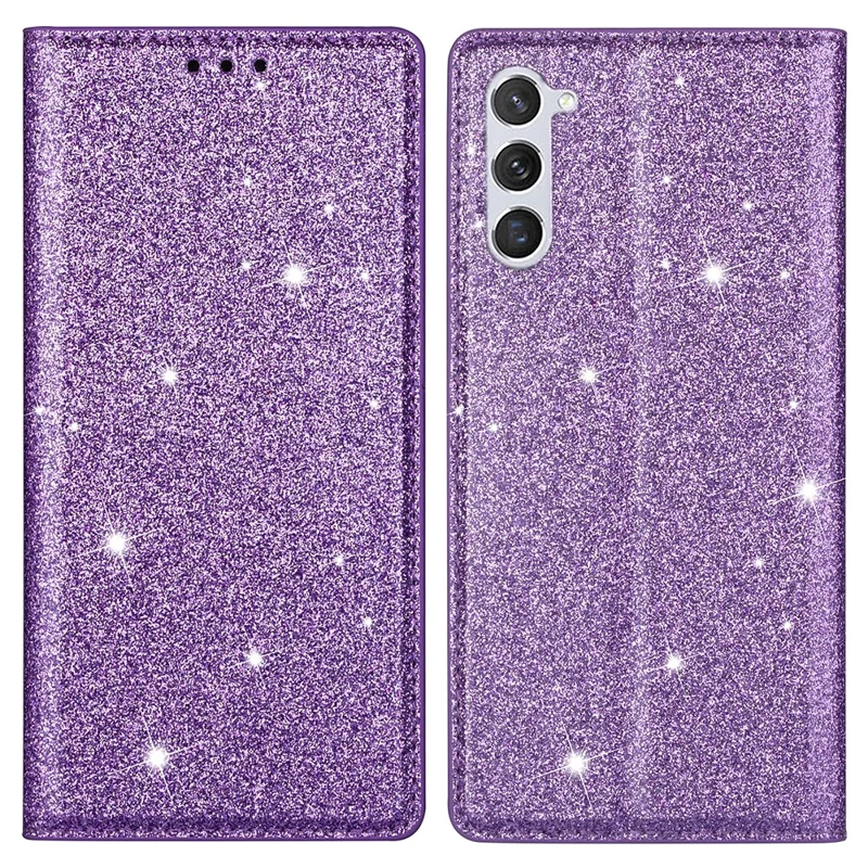 For Samsung Galaxy S24 Leather Case Card Holder Glitter Phone Cover - Purple