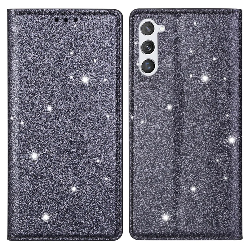 For Samsung Galaxy S24 Leather Case Card Holder Glitter Phone Cover - Grey