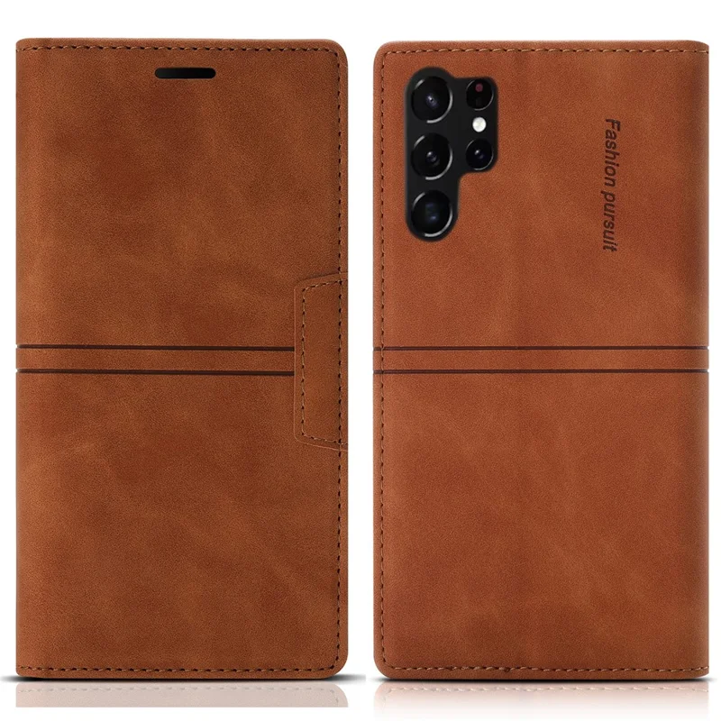 For Samsung Galaxy S24 Ultra Case Auto Closing Magnetic Phone Wallet Cover - Brown