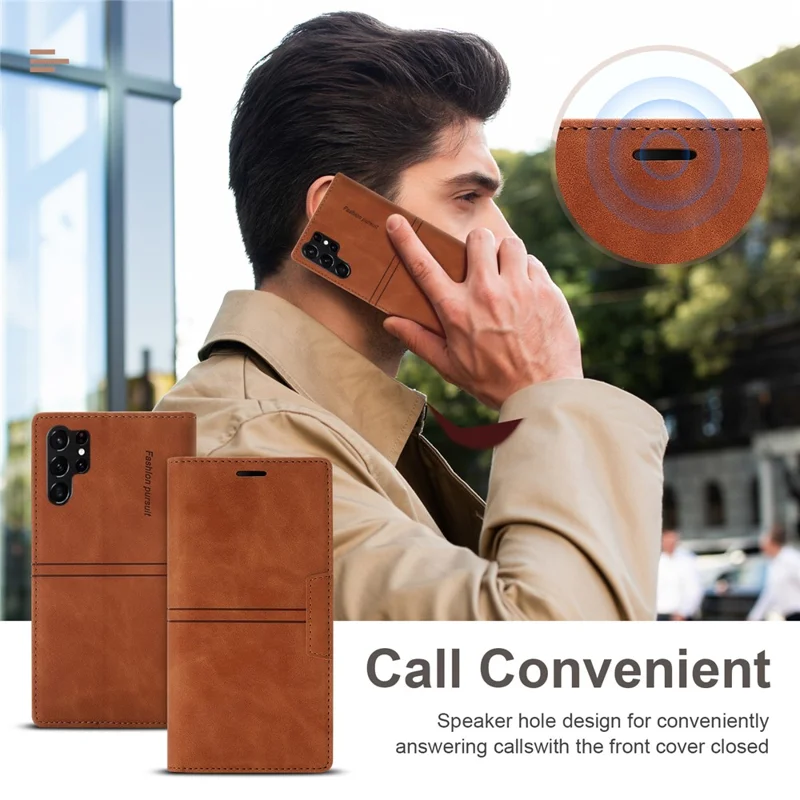 For Samsung Galaxy S24 Ultra Case Auto Closing Magnetic Phone Wallet Cover - Brown
