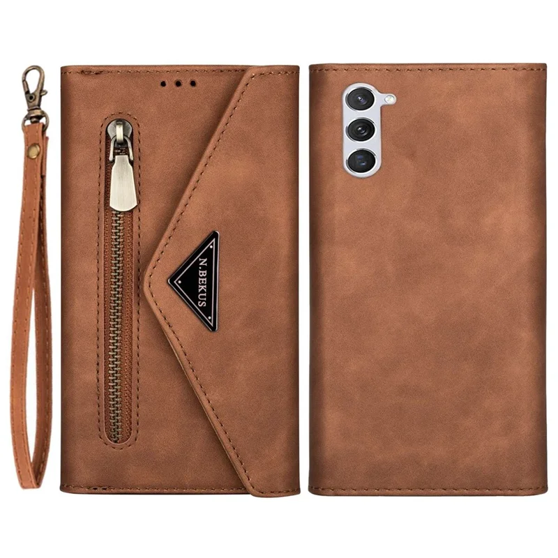 N.BEKUS For Samsung Galaxy S24 Skin-touch Wallet Cell Phone Cases with Short + Long Strap - Brown