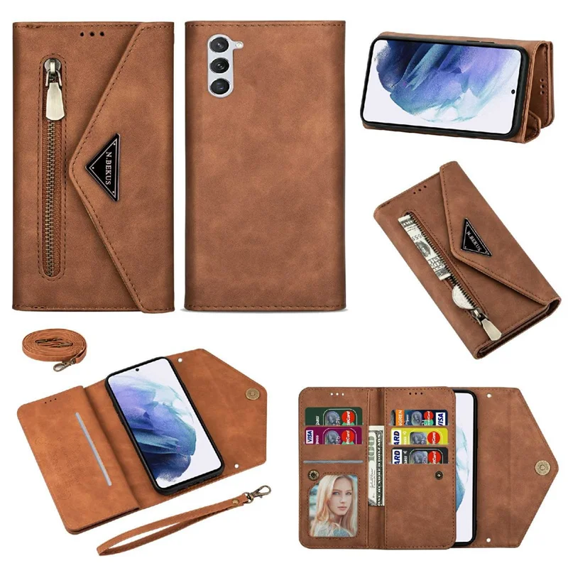 N.BEKUS For Samsung Galaxy S24 Skin-touch Wallet Cell Phone Cases with Short + Long Strap - Brown