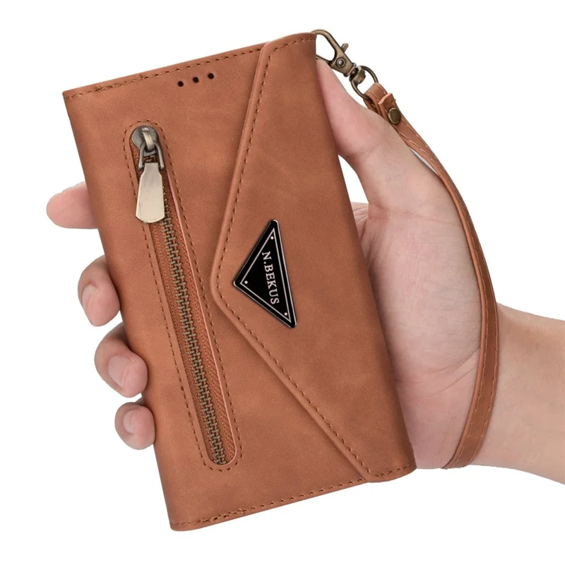 N.BEKUS For Samsung Galaxy S24 Skin-touch Wallet Cell Phone Cases with Short + Long Strap - Brown