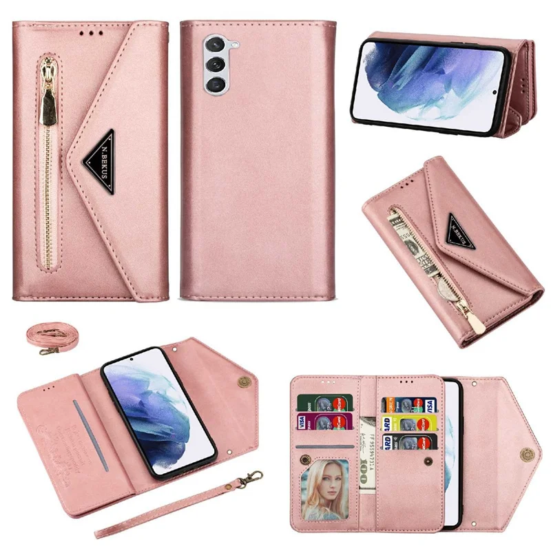 N.BEKUS For Samsung Galaxy S24+ Cover Skin-touch Cell Phone Cases with Short + Long Strap - Rose Gold