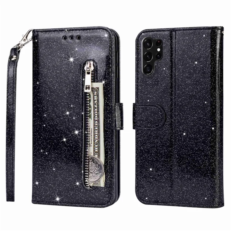 For Samsung Galaxy S24 Ultra Leather Case Zipper Pocket Glittery Phone Stand Cover - Black