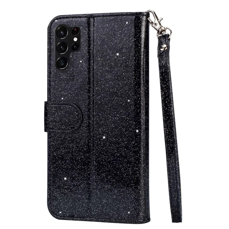 For Samsung Galaxy S24 Ultra Leather Case Zipper Pocket Glittery Phone Stand Cover - Black