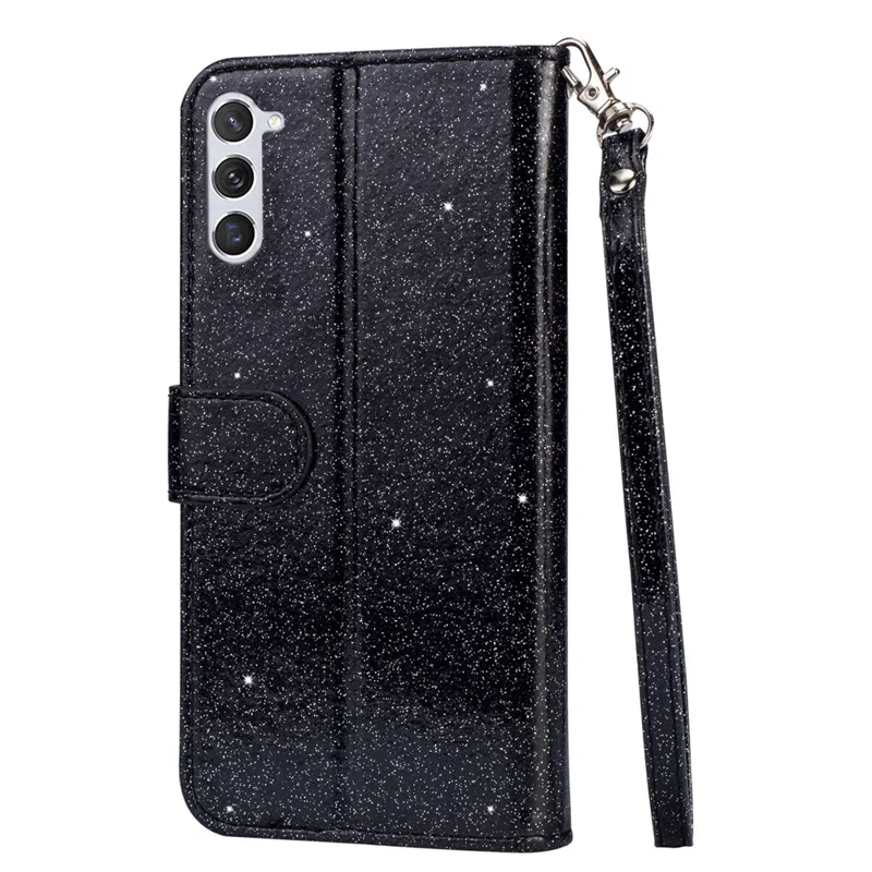 For Samsung Galaxy S24 Case Glittery Phone Wallet Cover with Zipper Pocket - Black