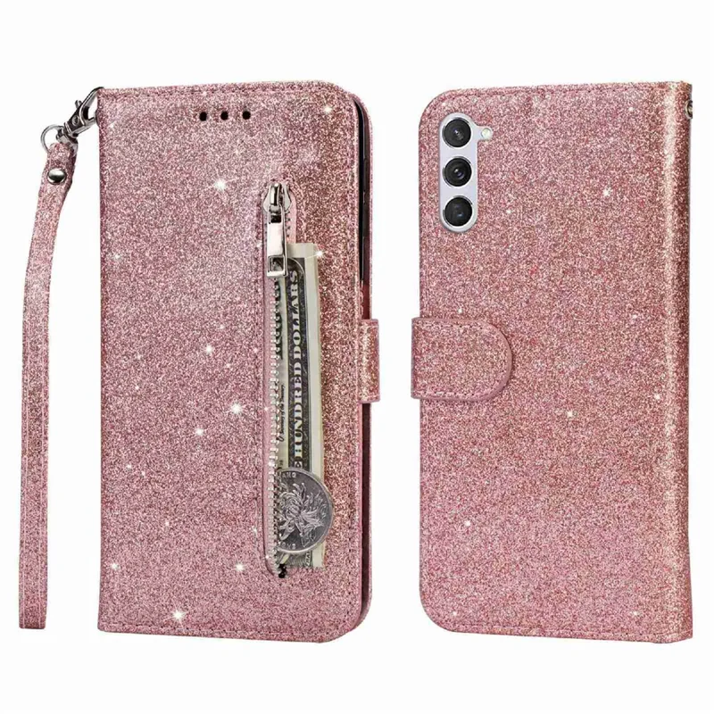 For Samsung Galaxy S24 Case Glittery Phone Wallet Cover with Zipper Pocket - Rose Gold