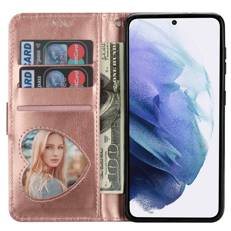 For Samsung Galaxy S24 Case Glittery Phone Wallet Cover with Zipper Pocket - Rose Gold