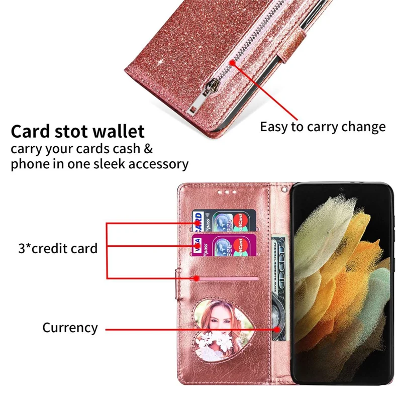 For Samsung Galaxy S24 Case Glittery Phone Wallet Cover with Zipper Pocket - Rose Gold