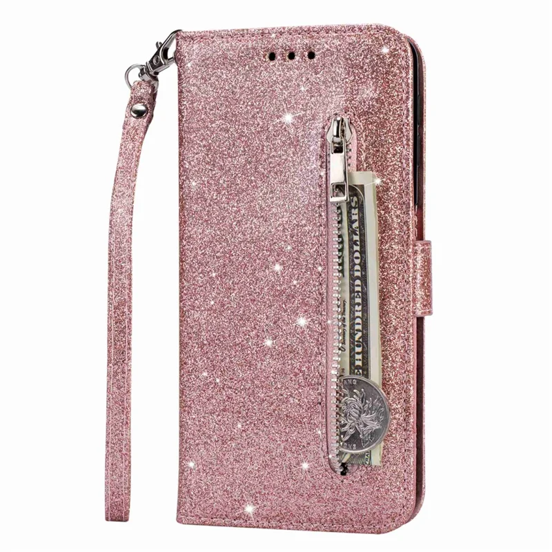 For Samsung Galaxy S24 Case Glittery Phone Wallet Cover with Zipper Pocket - Rose Gold