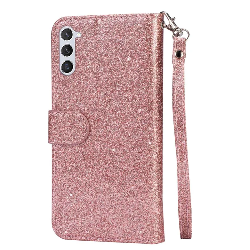 For Samsung Galaxy S24 Case Glittery Phone Wallet Cover with Zipper Pocket - Rose Gold
