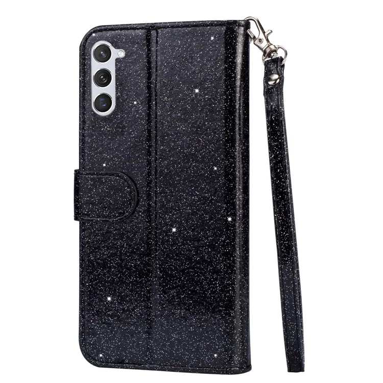 For Samsung Galaxy S24+ Case Zipper Pocket Glittery Leather Phone Cover - Black