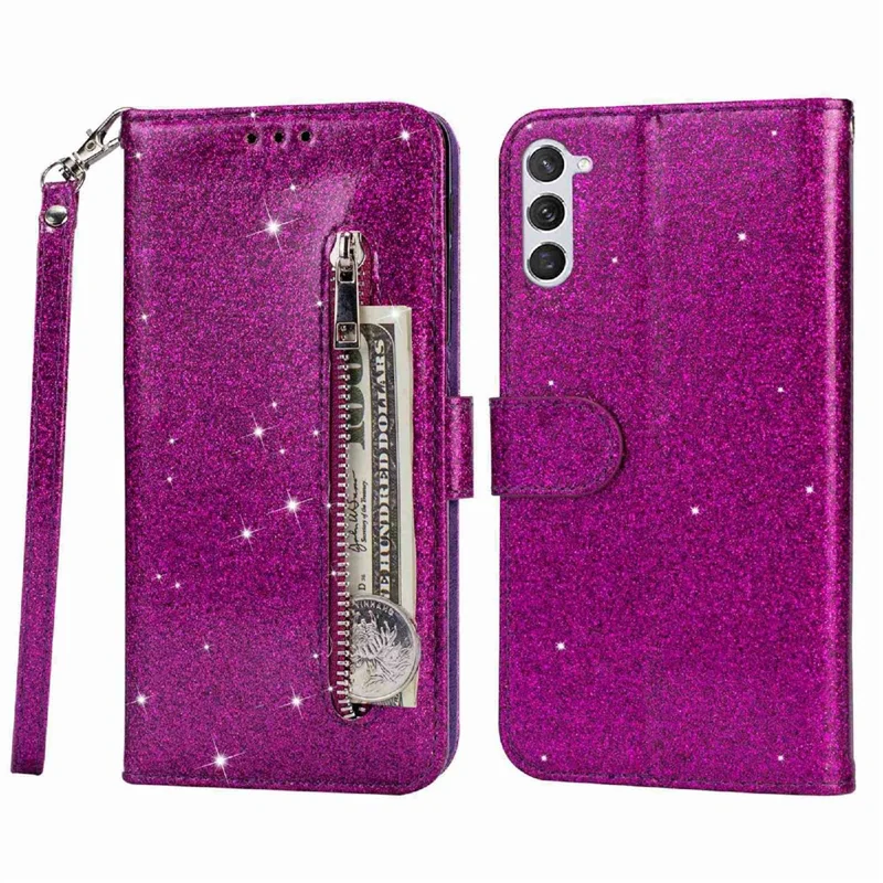 For Samsung Galaxy S24+ Case Zipper Pocket Glittery Leather Phone Cover - Purple