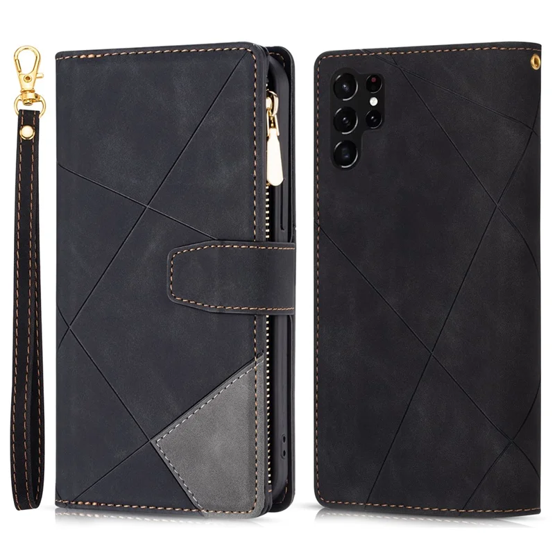 Étui pour Samsung Galaxy S24 Ultra en cuir PU avec poche zippée et motifs imprimés - Noir