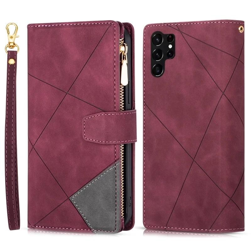 For Samsung Galaxy S24 Ultra Case PU Leather Zipper Pocket Lines Imprinted Cover - Red