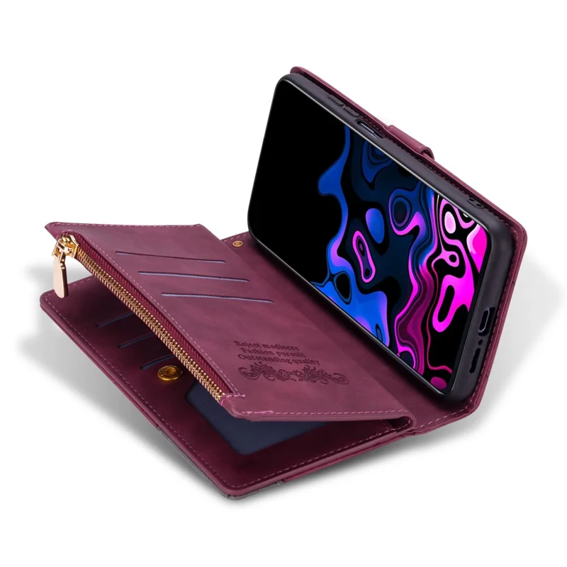 For Samsung Galaxy S24 Ultra Case PU Leather Zipper Pocket Lines Imprinted Cover - Red