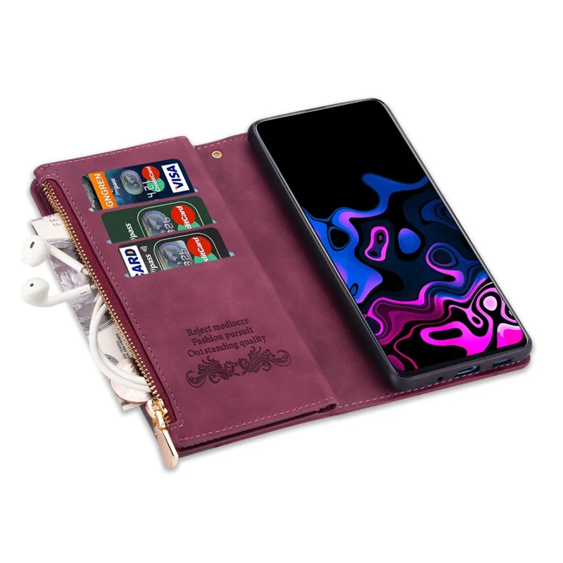 For Samsung Galaxy S24 Ultra Case PU Leather Zipper Pocket Lines Imprinted Cover - Red