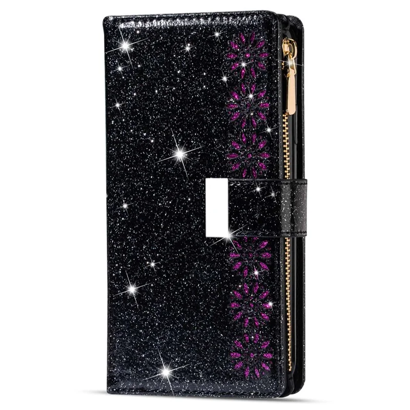 Para Samsung Galaxy S24+ Case Zipper Wallet Glittery Leather Phone Cover - Preto