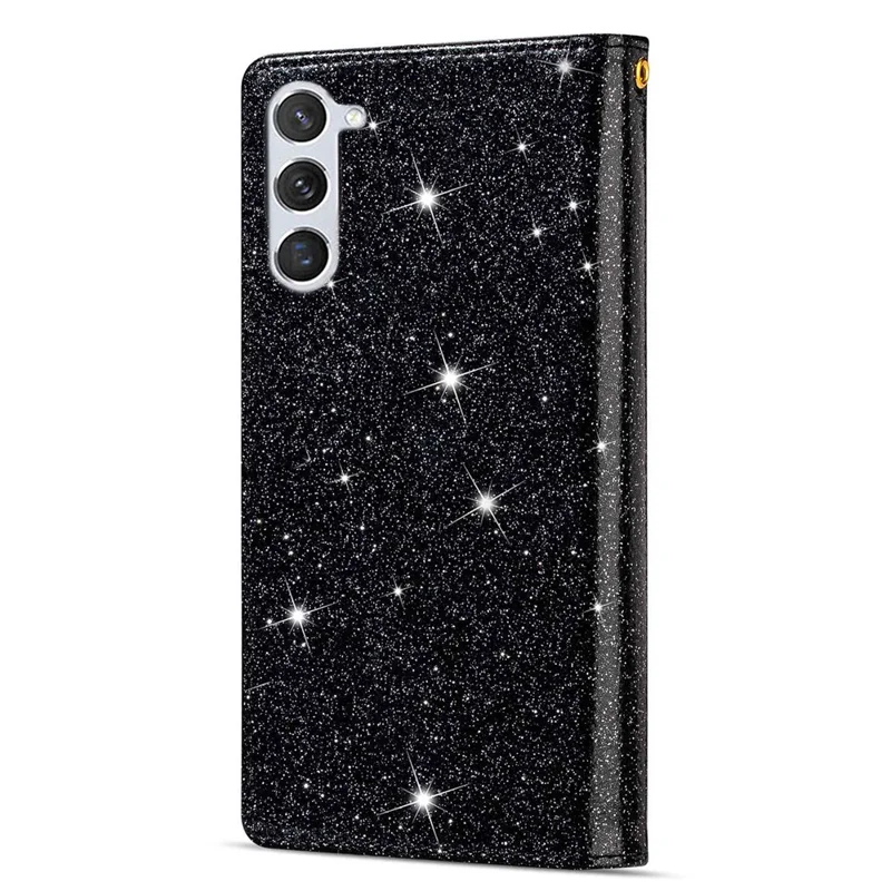 Para Samsung Galaxy S24+ Case Zipper Wallet Glittery Leather Phone Cover - Preto