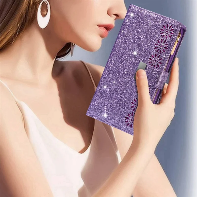 For Samsung Galaxy S24+ Case Zipper Wallet Glittery Leather Phone Cover - Purple