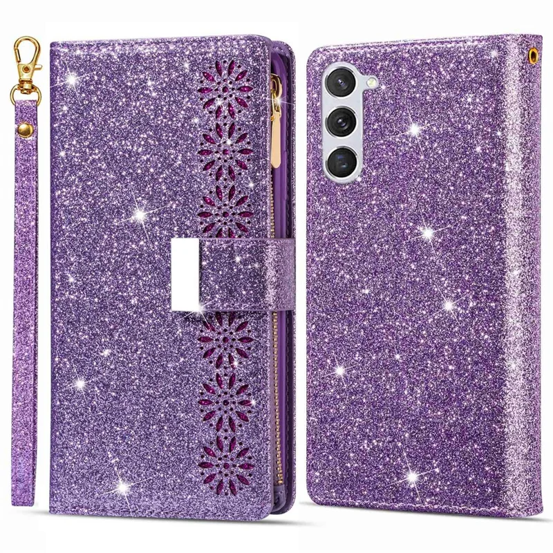 For Samsung Galaxy S24 Case Laser Carving Leather Phone Cover with Zipper Wallet - Purple