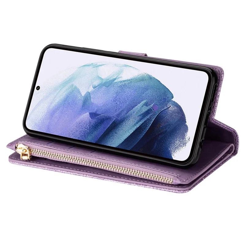 For Samsung Galaxy S24 Case Laser Carving Leather Phone Cover with Zipper Wallet - Purple