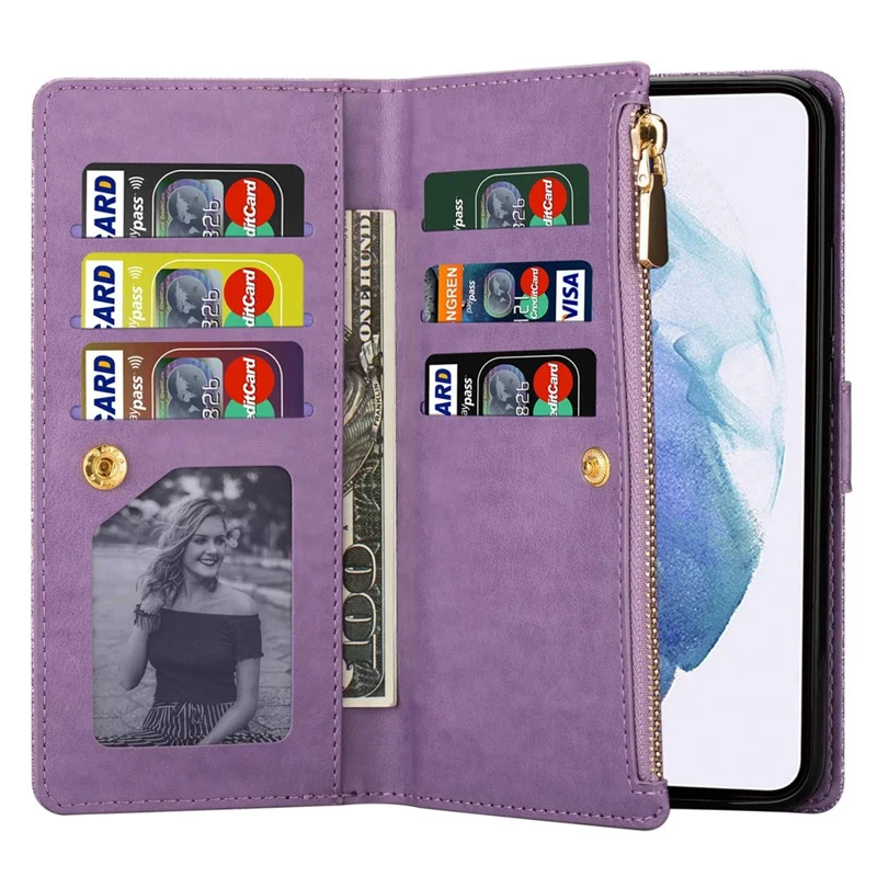 For Samsung Galaxy S24 Case Laser Carving Leather Phone Cover with Zipper Wallet - Purple