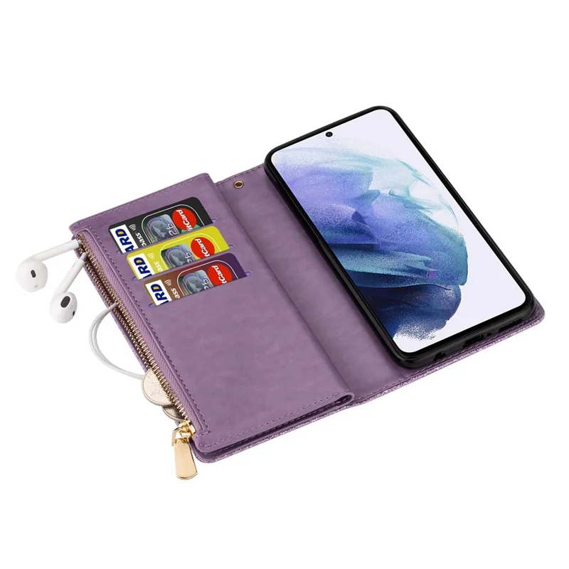 For Samsung Galaxy S24 Case Laser Carving Leather Phone Cover with Zipper Wallet - Purple