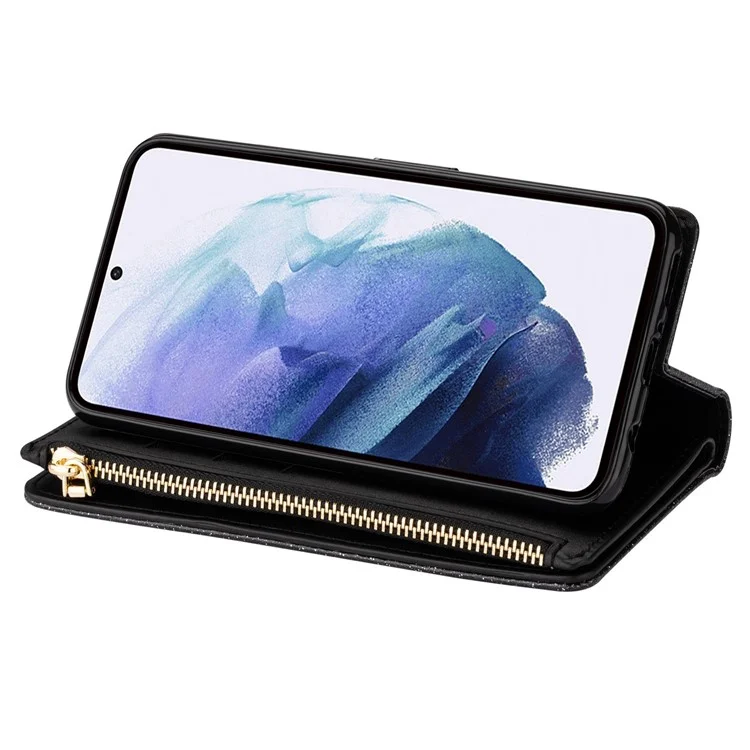 Para Samsung Galaxy S24 Ultra Leather Case Zipper Wallet Glittery Phone Cover - Preto