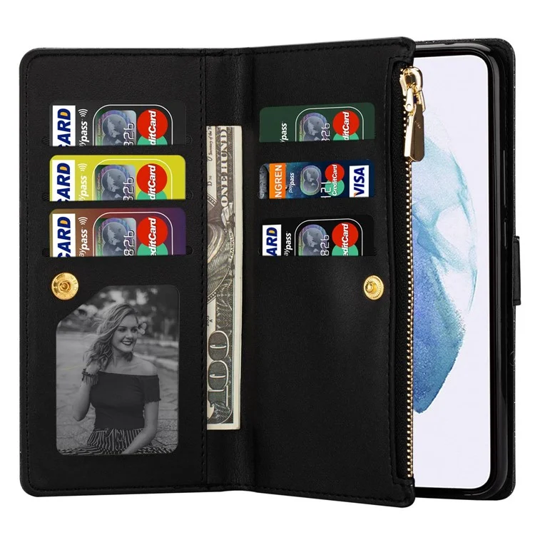 Para Samsung Galaxy S24 Ultra Leather Case Zipper Wallet Glittery Phone Cover - Preto