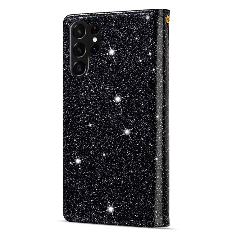 Para Samsung Galaxy S24 Ultra Leather Case Zipper Wallet Glittery Phone Cover - Preto