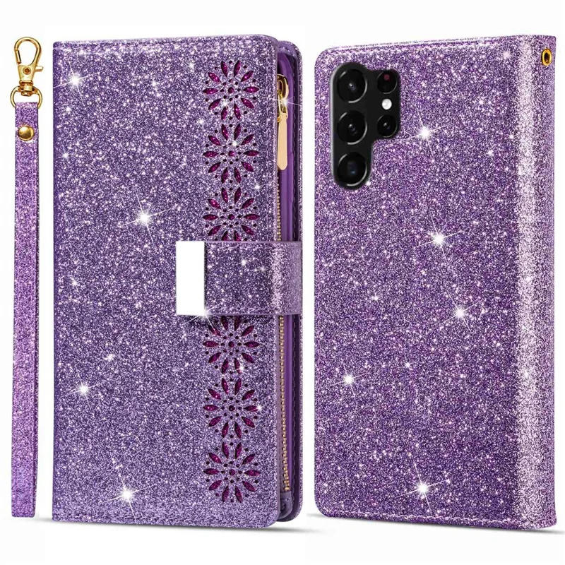 For Samsung Galaxy S24 Ultra Leather Case Zipper Wallet Glittery Phone Cover - Purple