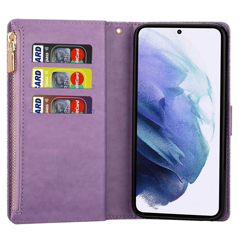 For Samsung Galaxy S24 Ultra Leather Case Zipper Wallet Glittery Phone Cover - Purple