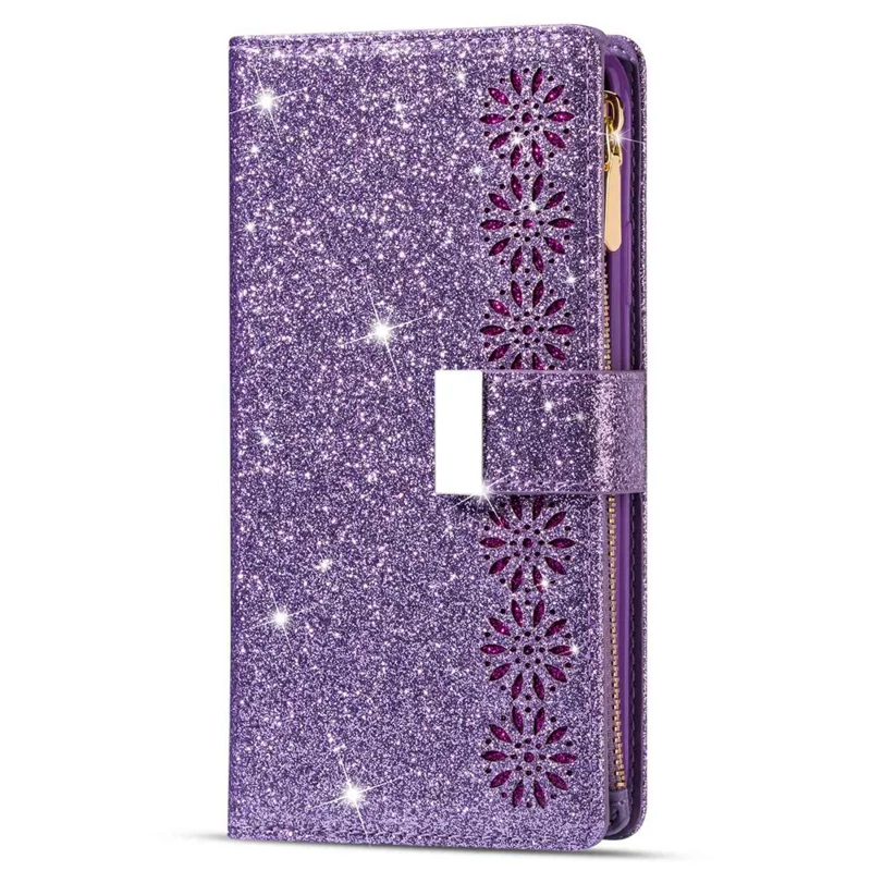 For Samsung Galaxy S24 Ultra Leather Case Zipper Wallet Glittery Phone Cover - Purple