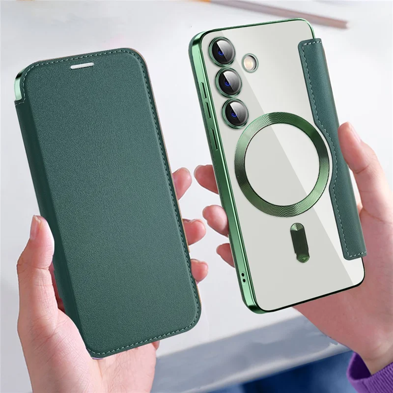 For Samsung Galaxy S24 Clear Case Magnetic Case RFID Blocking Electroplating Phone Cover - Blue