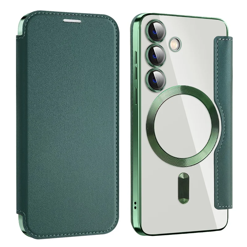 For Samsung Galaxy S24+ Clear Case RFID Blocking Electroplating Phone Case Compatible with MagSafe - Blackish Green