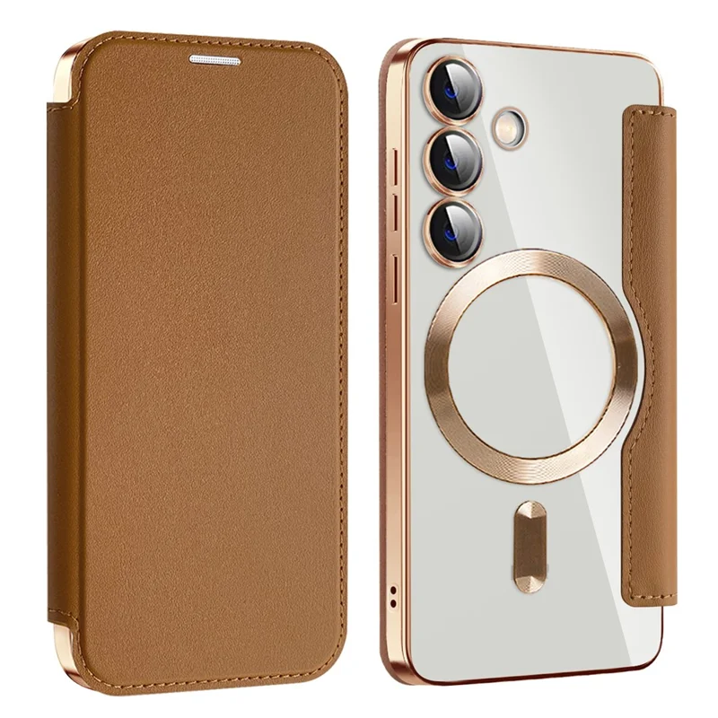 For Samsung Galaxy S24+ Clear Case RFID Blocking Electroplating Phone Case Magnetic Case - Brown