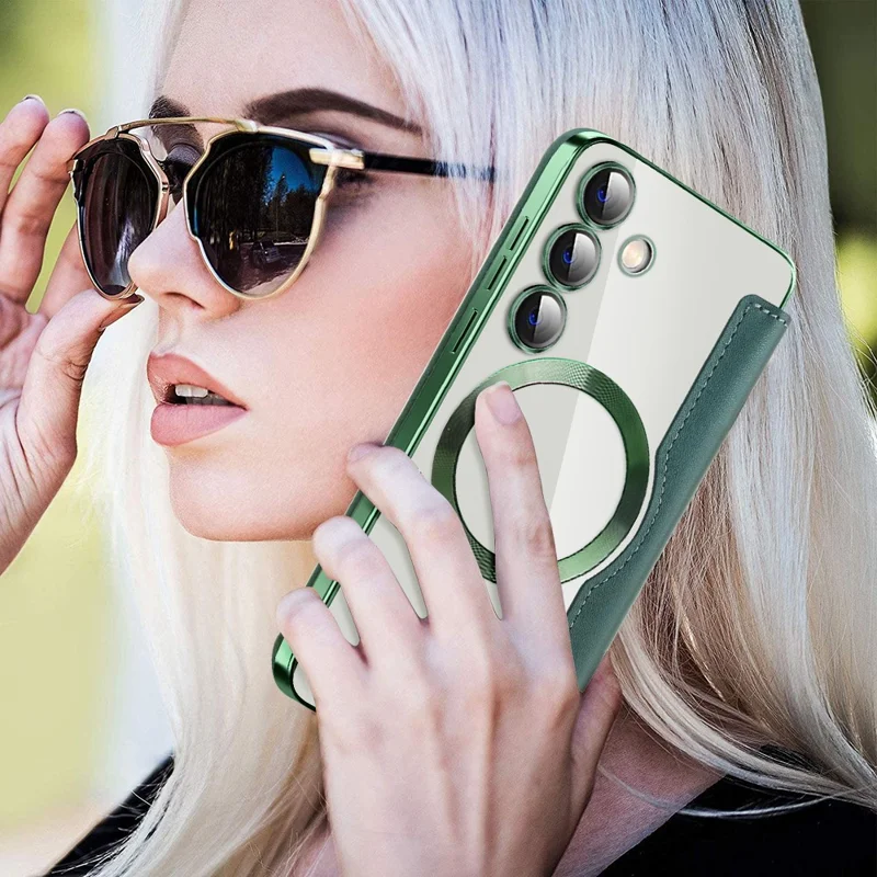 For Samsung Galaxy S24+ Clear Case RFID Blocking Electroplating Phone Case Magnetic Case - Brown