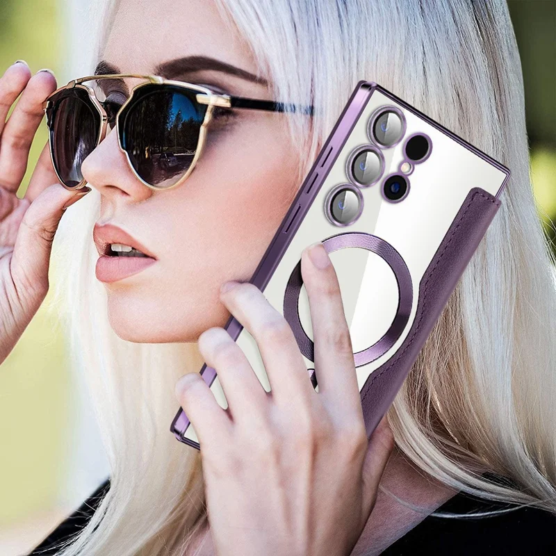 For Samsung Galaxy S24 Ultra Case Magnetic Case Electroplating RFID Blocking Clear Phone Cover - Pink