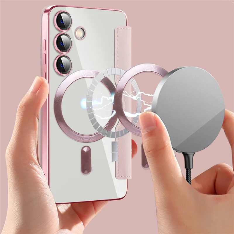 For Samsung Galaxy S24 Magnetic Case Card Holder Phone Cover - Pink