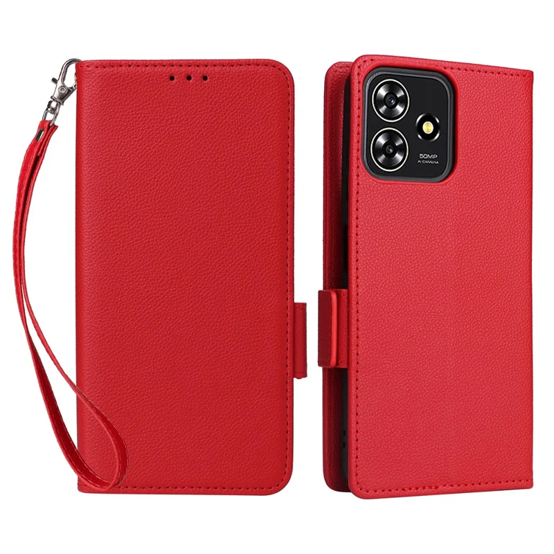 For ZTE Blade A73 4G / Blade V50 Smart / Blade V50 Desig 4G / Axon 50 Lite Case Litchi Texture PU Leather Wallet Phone Cover with Strap - Red
