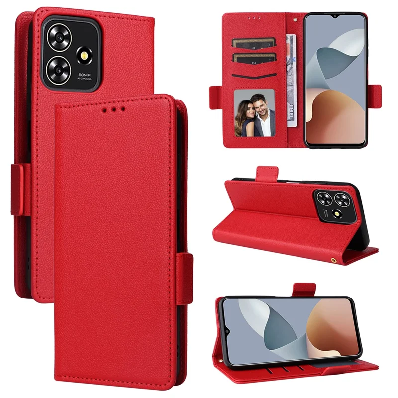 For ZTE Blade A73 4G / Blade V50 Smart / Blade V50 Desig 4G / Axon 50 Lite Case Litchi Texture PU Leather Wallet Phone Cover with Strap - Red