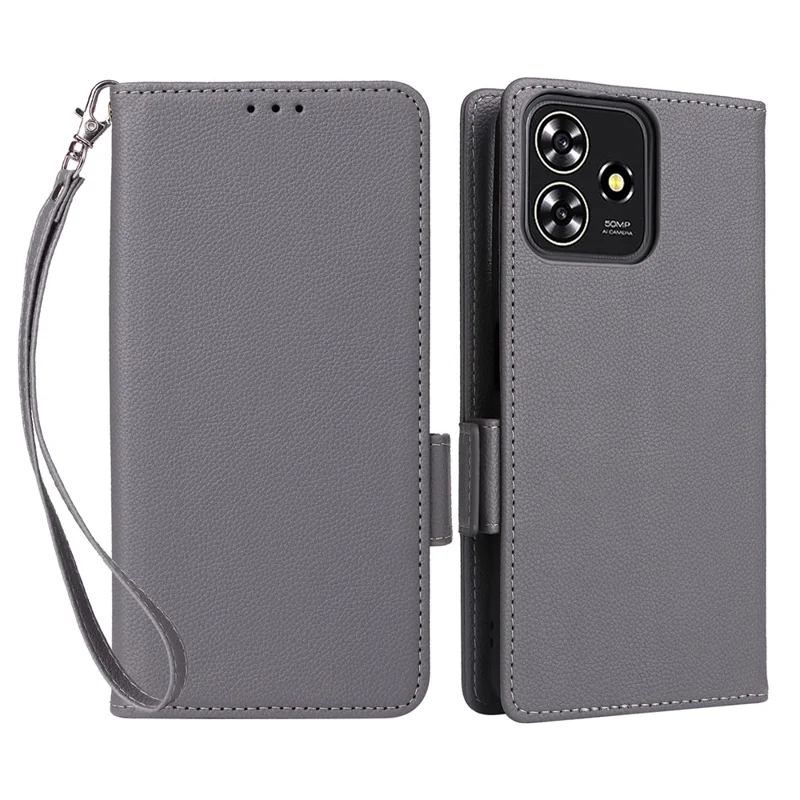 For ZTE Blade A73 4G / Blade V50 Smart / Blade V50 Desig 4G / Axon 50 Lite Case Litchi Texture PU Leather Wallet Phone Cover with Strap - Grey
